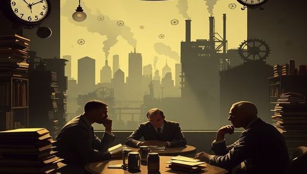 A vintage 1930s scene depicting a group of thinkers in a dimly lit cafe, surrounded by stacks of books and papers, deep in discussion about consciousness and suffering. In the background, a shadowy silhouette of a cityscape emerges, symbolizing the industrial progress of the era, with steam rising and gears turning. The atmosphere blends a sense of hope and anxiety, with dreamlike elements like floating clocks and ethereal wisps of thought. The image should convey a rich interplay of light and shadow, capturing the essence of introspection and societal change during the Great Depression. Please create this in high definition.