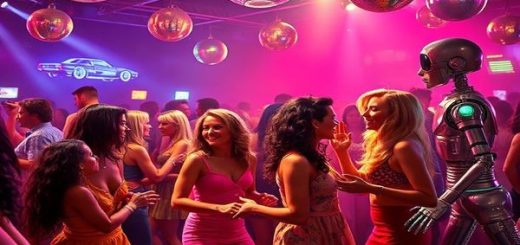 A vibrant, high-definition scene capturing a 1970s disco party infused with futuristic elements: people dressed in colorful, bold fashion, dancing under shimmering disco balls, surrounded by glowing holographic displays of flying cars and playful robots that symbolize sexual liberation and intimacy. The atmosphere is electric, with hints of retro-futurism, blending the joyous spirit of the 70s with imaginative technology, while showcasing diverse couples engaging in candid conversations and laughter, reflecting the era's optimism for the future of relationships.