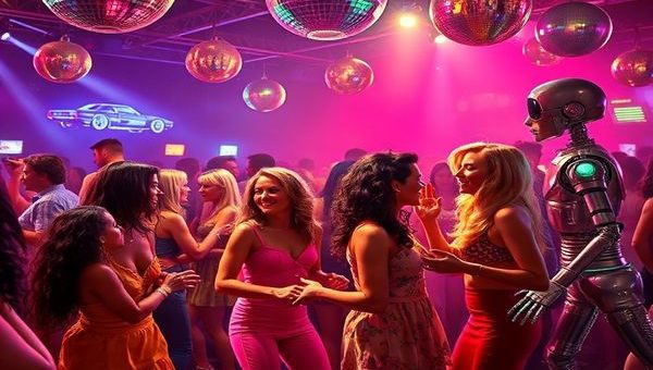 A vibrant, high-definition scene capturing a 1970s disco party infused with futuristic elements: people dressed in colorful, bold fashion, dancing under shimmering disco balls, surrounded by glowing holographic displays of flying cars and playful robots that symbolize sexual liberation and intimacy. The atmosphere is electric, with hints of retro-futurism, blending the joyous spirit of the 70s with imaginative technology, while showcasing diverse couples engaging in candid conversations and laughter, reflecting the era's optimism for the future of relationships.