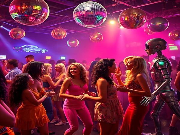 A vibrant, high-definition scene capturing a 1970s disco party infused with futuristic elements: people dressed in colorful, bold fashion, dancing under shimmering disco balls, surrounded by glowing holographic displays of flying cars and playful robots that symbolize sexual liberation and intimacy. The atmosphere is electric, with hints of retro-futurism, blending the joyous spirit of the 70s with imaginative technology, while showcasing diverse couples engaging in candid conversations and laughter, reflecting the era's optimism for the future of relationships.