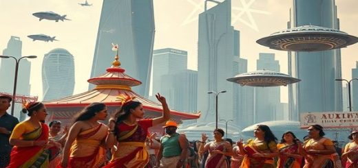 A vibrant 1930s-inspired scene that depicts an ancient ritual being celebrated in a futuristic city, blending elements of tradition and modern technology. In the foreground, a group of diverse people performs a colorful, traditional dance, adorned in ceremonial clothing, while a backdrop of sleek skyscrapers and floating vehicles symbolizes technological advancement. Ethereal lights and holographic symbols hover above the celebration, showcasing a harmonious coexistence of the past and the future. High definition.