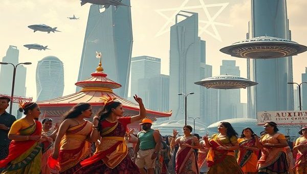 A vibrant 1930s-inspired scene that depicts an ancient ritual being celebrated in a futuristic city, blending elements of tradition and modern technology. In the foreground, a group of diverse people performs a colorful, traditional dance, adorned in ceremonial clothing, while a backdrop of sleek skyscrapers and floating vehicles symbolizes technological advancement. Ethereal lights and holographic symbols hover above the celebration, showcasing a harmonious coexistence of the past and the future. High definition.