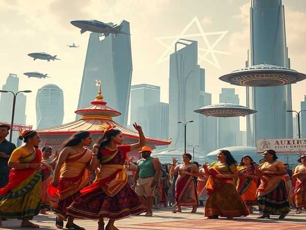 A vibrant 1930s-inspired scene that depicts an ancient ritual being celebrated in a futuristic city, blending elements of tradition and modern technology. In the foreground, a group of diverse people performs a colorful, traditional dance, adorned in ceremonial clothing, while a backdrop of sleek skyscrapers and floating vehicles symbolizes technological advancement. Ethereal lights and holographic symbols hover above the celebration, showcasing a harmonious coexistence of the past and the future. High definition.