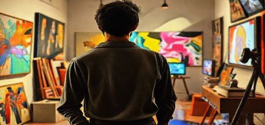 "Create a high-definition image that captures the contrasting visions of the 1950s artistic freedom and today's reality. Depict an avant-garde artist in a vibrant, abstract studio, surrounded by bold, colorful artworks that symbolize creativity and liberation. In the background, integrate elements of modern technology like screens displaying digital art, alongside traditional media. Include a subtle depiction of societal challenges, such as shadows representing censorship or barriers. The atmosphere should reflect a blend of optimism and tension, embodying the evolution of artistic expression from the 1950s to today."