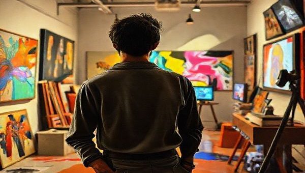 "Create a high-definition image that captures the contrasting visions of the 1950s artistic freedom and today's reality. Depict an avant-garde artist in a vibrant, abstract studio, surrounded by bold, colorful artworks that symbolize creativity and liberation. In the background, integrate elements of modern technology like screens displaying digital art, alongside traditional media. Include a subtle depiction of societal challenges, such as shadows representing censorship or barriers. The atmosphere should reflect a blend of optimism and tension, embodying the evolution of artistic expression from the 1950s to today."