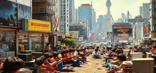 High definition image of a vibrant 1970s urban landscape, blending elements of cultural transformation with symbols of faith and self-discovery. Depict a diverse group of people engaging in various spiritual practices—some meditating, others reading self-help books, and a few attending a modern church service, all surrounded by retro technology like early computers and film posters such as "2001: A Space Odyssey." Capture the essence of hope, exploration, and a tapestry of beliefs interwoven against a backdrop of bright colors and dynamic architecture.