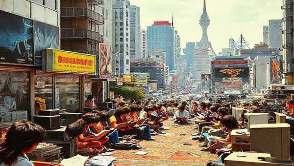 High definition image of a vibrant 1970s urban landscape, blending elements of cultural transformation with symbols of faith and self-discovery. Depict a diverse group of people engaging in various spiritual practices—some meditating, others reading self-help books, and a few attending a modern church service, all surrounded by retro technology like early computers and film posters such as "2001: A Space Odyssey." Capture the essence of hope, exploration, and a tapestry of beliefs interwoven against a backdrop of bright colors and dynamic architecture.