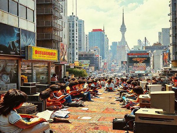 High definition image of a vibrant 1970s urban landscape, blending elements of cultural transformation with symbols of faith and self-discovery. Depict a diverse group of people engaging in various spiritual practices—some meditating, others reading self-help books, and a few attending a modern church service, all surrounded by retro technology like early computers and film posters such as "2001: A Space Odyssey." Capture the essence of hope, exploration, and a tapestry of beliefs interwoven against a backdrop of bright colors and dynamic architecture.