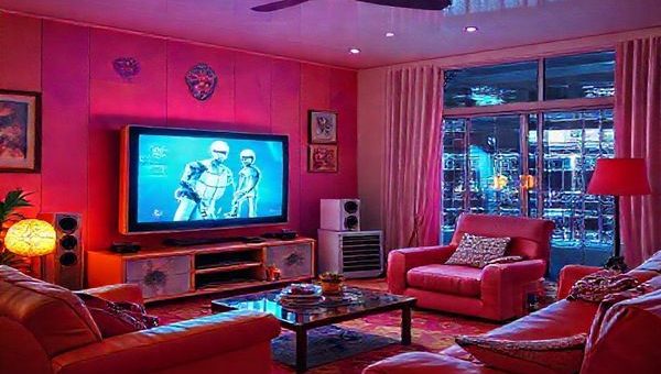 Create a high-definition image that captures the vibrant spirit of the 1970s, blending elements of futuristic health predictions with the cultural markers of the era. Visualize a colorful living room with a glowing television showcasing optimistic medical advancements like robotic surgeons and AI diagnostics, alongside nostalgic details such as polyester shirts and disco records. Incorporate futuristic hospital visuals with sleek designs, AIs, and advanced medical technology, juxtaposed against a backdrop of 1970s architecture and fashion, symbolizing the journey of health from past dreams to present realities.