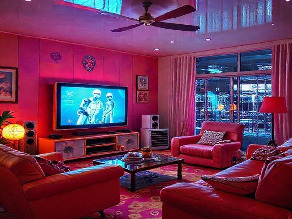 Create a high-definition image that captures the vibrant spirit of the 1970s, blending elements of futuristic health predictions with the cultural markers of the era. Visualize a colorful living room with a glowing television showcasing optimistic medical advancements like robotic surgeons and AI diagnostics, alongside nostalgic details such as polyester shirts and disco records. Incorporate futuristic hospital visuals with sleek designs, AIs, and advanced medical technology, juxtaposed against a backdrop of 1970s architecture and fashion, symbolizing the journey of health from past dreams to present realities.