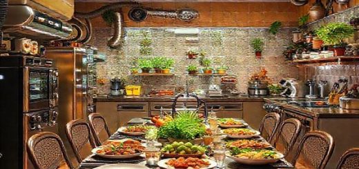 Create a high-definition image of a vibrant 1970s retro kitchen filled with futuristic culinary gadgets alongside fresh, organic ingredients. Depict a melding of science fiction and traditional cooking, showcasing automated systems, hydroponically grown plants, and artisanal cooking tools. Include a stylish table set for a feast, blending space-age aesthetics with rustic charm, evoking a sense of excitement about the future of food while celebrating authentic flavors and human creativity.