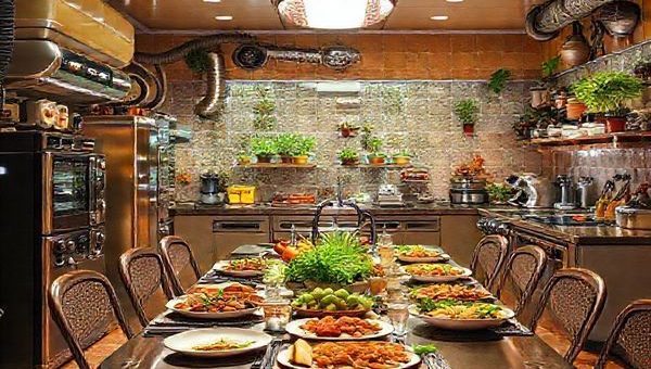 Create a high-definition image of a vibrant 1970s retro kitchen filled with futuristic culinary gadgets alongside fresh, organic ingredients. Depict a melding of science fiction and traditional cooking, showcasing automated systems, hydroponically grown plants, and artisanal cooking tools. Include a stylish table set for a feast, blending space-age aesthetics with rustic charm, evoking a sense of excitement about the future of food while celebrating authentic flavors and human creativity.