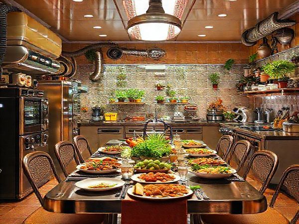 Create a high-definition image of a vibrant 1970s retro kitchen filled with futuristic culinary gadgets alongside fresh, organic ingredients. Depict a melding of science fiction and traditional cooking, showcasing automated systems, hydroponically grown plants, and artisanal cooking tools. Include a stylish table set for a feast, blending space-age aesthetics with rustic charm, evoking a sense of excitement about the future of food while celebrating authentic flavors and human creativity.