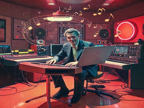 "Create a high definition image of a 1950s-inspired composer in a vibrant, futuristic studio, surrounded by advanced electronic instruments like theremins and synthesizers. The scene should blend retro aesthetics with modern elements, illustrating the juxtaposition of tradition and innovation, as music notes swirl around them, reflecting their imaginative visions of the future. Incorporate warm, nostalgic colors to evoke the optimism of the post-war era."