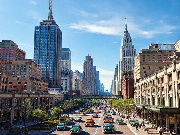 Create a high-definition image of a vibrant 1930s urban skyline, featuring art deco skyscrapers reaching toward a blue sky, bustling cobblestone streets filled with vintage cars, and pedestrians dressed in period fashion. Include elements like lush green parks and intricate pedestrian walkways connecting towering buildings, blending a sense of optimism and modernity. Capture the essence of a futuristic vision as imagined in the 1930s, with a hint of the vibrancy and hope for a harmonious urban future amidst the historical context of the Great Depression.