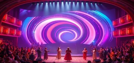 Create a high definition image of a futuristic 1940s opera scene, blending dramatic elements of classic opera with dazzling technological advancements. Imagine a grand stage with vibrant, cinematic sets featuring holographic designs and retro-futuristic costumes, all illuminated with colorful lights. The audience is a mix of vintage and modern attire, captivated by singers performing with emotion against a backdrop of swirling abstract shapes symbolizing hope and transformation in a post-war world. The atmosphere should convey a sense of nostalgia and innovation intertwined.