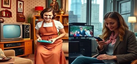 Create a high-definition image contrasting a 1950s living room filled with retro decor, featuring a woman in a vintage apron happily engaging with a new gadget, a TV playing a classic show, alongside a modern urban setting with a contemporary woman using a smartphone, surrounded by technology and diverse media. Include elements that symbolize the shift from traditional roles to modern empowerment, capturing the essence of evolution in women's representation in media.