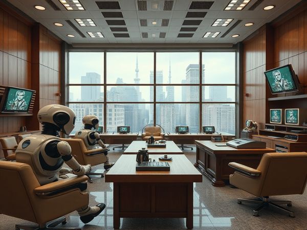 Create a high-definition image of a futuristic courtroom blending the optimism of the 1950s with today's technology. Visualize robotic judges overseeing automated legal proceedings, while vintage 1950s decor, like retro furniture and classic television sets, contrasts with digital screens displaying real-time trial broadcasts. Incorporate elements of a bustling city visible through large windows, symbolizing a connected global society. Capture the essence of hope and progress in a stylized, imaginative scene.