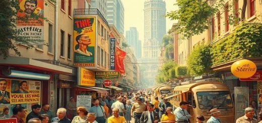 Create a high-definition image of a vibrant 1960s scene that embodies the optimism of the era in addressing poverty. Include a lively street filled with people engaged in discussions, surrounded by futuristic inventions and social posters promoting equality and prosperity. The backdrop features a blend of iconic 1960s architecture and lush greenery, reflecting a utopian vision for the future. Infuse the image with colors that capture the hope and idealism of the time—bright yellows, cool blues, and bold reds.