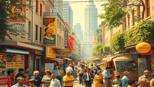 Create a high-definition image of a vibrant 1960s scene that embodies the optimism of the era in addressing poverty. Include a lively street filled with people engaged in discussions, surrounded by futuristic inventions and social posters promoting equality and prosperity. The backdrop features a blend of iconic 1960s architecture and lush greenery, reflecting a utopian vision for the future. Infuse the image with colors that capture the hope and idealism of the time—bright yellows, cool blues, and bold reds.