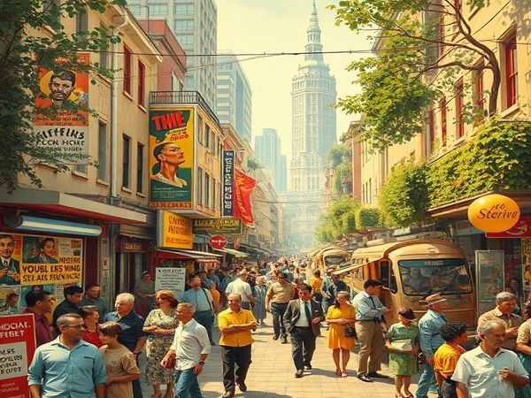 Create a high-definition image of a vibrant 1960s scene that embodies the optimism of the era in addressing poverty. Include a lively street filled with people engaged in discussions, surrounded by futuristic inventions and social posters promoting equality and prosperity. The backdrop features a blend of iconic 1960s architecture and lush greenery, reflecting a utopian vision for the future. Infuse the image with colors that capture the hope and idealism of the time—bright yellows, cool blues, and bold reds.