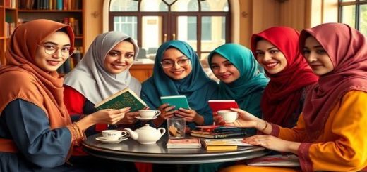 A vibrant 1930s-inspired scene depicting a group of diverse Muslim women in traditional and modern attire, engaged in spirited discussions over tea, surrounded by books and symbolic representations of education and empowerment. The women display confidence and camaraderie, showcasing a blend of cultural identity and progressive spirit, all set against a nostalgic backdrop of early 20th-century architecture. The atmosphere is lively, filled with hope and aspiration, capturing the essence of change. High definition.