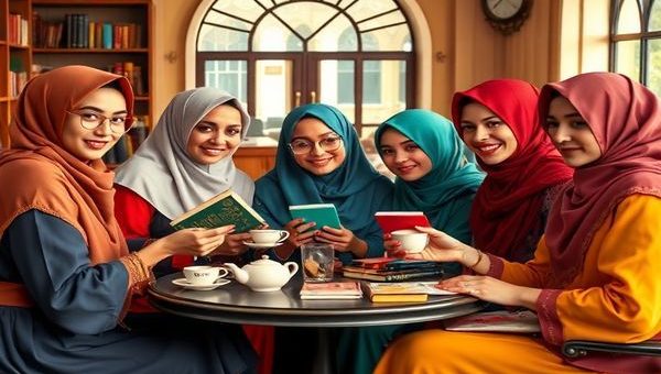 A vibrant 1930s-inspired scene depicting a group of diverse Muslim women in traditional and modern attire, engaged in spirited discussions over tea, surrounded by books and symbolic representations of education and empowerment. The women display confidence and camaraderie, showcasing a blend of cultural identity and progressive spirit, all set against a nostalgic backdrop of early 20th-century architecture. The atmosphere is lively, filled with hope and aspiration, capturing the essence of change. High definition.