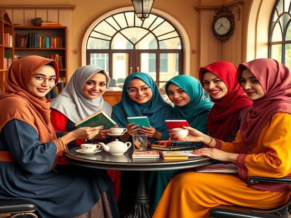 A vibrant 1930s-inspired scene depicting a group of diverse Muslim women in traditional and modern attire, engaged in spirited discussions over tea, surrounded by books and symbolic representations of education and empowerment. The women display confidence and camaraderie, showcasing a blend of cultural identity and progressive spirit, all set against a nostalgic backdrop of early 20th-century architecture. The atmosphere is lively, filled with hope and aspiration, capturing the essence of change. High definition.
