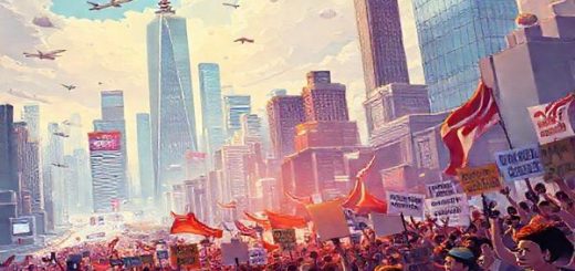 "Create a vibrant, high-definition illustration depicting a juxtaposition of 1960s visions of government power: a futuristic cityscape filled with flying cars, gleaming skyscrapers, and advanced technology alongside scenes of social movements, passionate protests, and diverse citizens advocating for civil rights. The atmosphere should be filled with both optimism and tension, capturing the dichotomy of hope for a utopian future against the complex realities of governance. Let the colors be bold and the details rich, illustrating the dynamic spirit of evolution from the 1960s to the present."