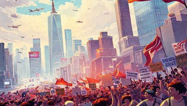 "Create a vibrant, high-definition illustration depicting a juxtaposition of 1960s visions of government power: a futuristic cityscape filled with flying cars, gleaming skyscrapers, and advanced technology alongside scenes of social movements, passionate protests, and diverse citizens advocating for civil rights. The atmosphere should be filled with both optimism and tension, capturing the dichotomy of hope for a utopian future against the complex realities of governance. Let the colors be bold and the details rich, illustrating the dynamic spirit of evolution from the 1960s to the present."