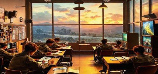 A vibrant 1940s classroom, transformed into a futuristic learning hub, with G.I.s studying under the warm glow of vintage lamps while radio waves and early television screens project knowledge. Imagine a blend of classic and modern elements: students engaging with AI tutors, books and notes scattered about, while the background showcases a dreamy landscape depicting both a war-torn past and a hopeful educational future. High definition, vivid colors, and intricate details capture the essence of optimism and innovation that characterized independent learning during that era.