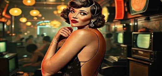 A high definition image depicting a glamorous 1930s flapper in a bustling jazz club, surrounded by elements of futuristic beauty ideals—streamlined fashion, innovative cosmetics, and early technology like vintage radios and television sets. The scene should capture the contrast between the sophistication of the 1930s and the diverse beauty of today, showcasing a blend of classic elegance and modern individuality, with reflections of Hollywood icons influencing the ambiance.