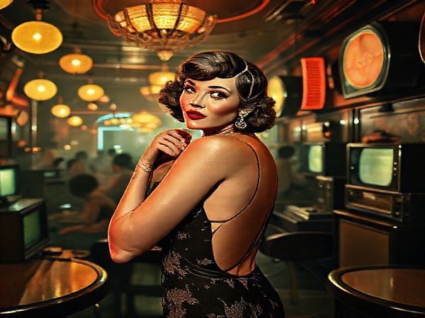A high definition image depicting a glamorous 1930s flapper in a bustling jazz club, surrounded by elements of futuristic beauty ideals—streamlined fashion, innovative cosmetics, and early technology like vintage radios and television sets. The scene should capture the contrast between the sophistication of the 1930s and the diverse beauty of today, showcasing a blend of classic elegance and modern individuality, with reflections of Hollywood icons influencing the ambiance.