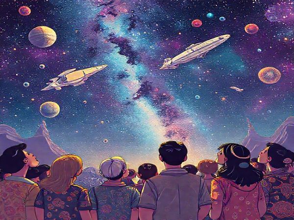 Create a high-definition image depicting a vibrant cosmic scene blending 1960s design aesthetics with futuristic elements. Illustrate a group of diverse individuals gazing up at a starry sky filled with iconic spacecraft and ethereal symbols of faith. Integrate elements like psychedelic patterns and Eastern spiritual motifs, symbolizing the evolution of belief and technology. Infuse the atmosphere with a sense of curiosity and wonder, capturing the essence of humanity’s quest for understanding and connection in an ever-expanding universe.