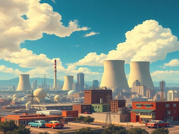 "Visualize a 1940s cityscape infused with futuristic energy dreams: towering nuclear power plants emitting vibrant clouds of steam, sleek cars powered by compact nuclear reactors, and homes warmed by glowing atomic energy. Surround this with illustrations from vintage magazines showcasing hydroelectric dams and early solar panels under a bright blue sky. Capture the essence of optimism and innovation from that era. Create this scene in high definition."