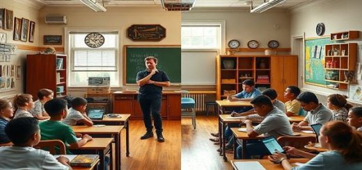 Create a high definition image depicting a split-scene classroom. On one side, an idealized 1950s classroom with a teacher standing confidently at the front, surrounded by eager, attentive students, all immersed in learning amidst classic decorations and vintage technology. On the other side, a modern-day classroom showcasing a diverse group of students engaged with digital devices, collaborating dynamically with a teacher who facilitates learning in a relaxed, inclusive environment. Emphasize the contrasting atmospheres and teaching styles to illustrate the evolution of educational authority over time.