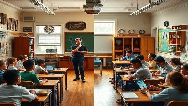 Create a high definition image depicting a split-scene classroom. On one side, an idealized 1950s classroom with a teacher standing confidently at the front, surrounded by eager, attentive students, all immersed in learning amidst classic decorations and vintage technology. On the other side, a modern-day classroom showcasing a diverse group of students engaged with digital devices, collaborating dynamically with a teacher who facilitates learning in a relaxed, inclusive environment. Emphasize the contrasting atmospheres and teaching styles to illustrate the evolution of educational authority over time.