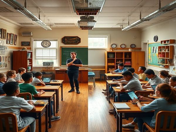Create a high definition image depicting a split-scene classroom. On one side, an idealized 1950s classroom with a teacher standing confidently at the front, surrounded by eager, attentive students, all immersed in learning amidst classic decorations and vintage technology. On the other side, a modern-day classroom showcasing a diverse group of students engaged with digital devices, collaborating dynamically with a teacher who facilitates learning in a relaxed, inclusive environment. Emphasize the contrasting atmospheres and teaching styles to illustrate the evolution of educational authority over time.