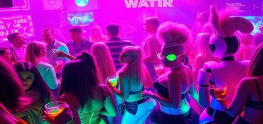 A vibrant 1980s-inspired futuristic party scene, filled with neon lights, holograms, and robotic waiters serving drinks. Guests with towering hairstyles dance beneath dazzling laser displays, immersed in a blend of retro and high-tech elements reminiscent of classic sci-fi films. The atmosphere is electric, symbolizing a fusion of past predictions and today’s reality, captured in high definition.