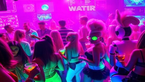 A vibrant 1980s-inspired futuristic party scene, filled with neon lights, holograms, and robotic waiters serving drinks. Guests with towering hairstyles dance beneath dazzling laser displays, immersed in a blend of retro and high-tech elements reminiscent of classic sci-fi films. The atmosphere is electric, symbolizing a fusion of past predictions and today’s reality, captured in high definition.