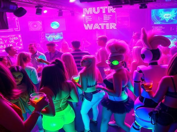 A vibrant 1980s-inspired futuristic party scene, filled with neon lights, holograms, and robotic waiters serving drinks. Guests with towering hairstyles dance beneath dazzling laser displays, immersed in a blend of retro and high-tech elements reminiscent of classic sci-fi films. The atmosphere is electric, symbolizing a fusion of past predictions and today’s reality, captured in high definition.