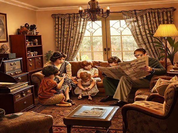 Create a high-definition image of a 1920s family gathered in a cozy living room, surrounded by vintage technology like a radio and a phonograph. The scene should be filled with warmth and optimism, featuring a mother teaching her children about faith, while a father reads a newspaper. The backdrop includes stylish Art Deco furniture and flapper-inspired decor, encapsulating the essence of the Roaring Twenties, symbolizing the blending of tradition and modernity in the Christian family.