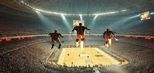 A high-definition image of a 1930s futuristic sports arena, blending retro aesthetics with imaginative rocket-powered athletes in vibrant action. Showcase a grand coliseum filled with cheering crowds, adorned with early electronic scoreboards. Include athletes in sleek, mechanical limbs and rocket suits, flying through the air amid swirling jazz-inspired motifs and art deco designs. A captivating blend of historical and futuristic elements, illustrating the dreams of tomorrow against a backdrop of iconic 1930s style.