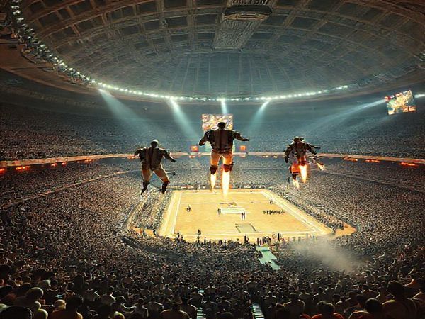 A high-definition image of a 1930s futuristic sports arena, blending retro aesthetics with imaginative rocket-powered athletes in vibrant action. Showcase a grand coliseum filled with cheering crowds, adorned with early electronic scoreboards. Include athletes in sleek, mechanical limbs and rocket suits, flying through the air amid swirling jazz-inspired motifs and art deco designs. A captivating blend of historical and futuristic elements, illustrating the dreams of tomorrow against a backdrop of iconic 1930s style.