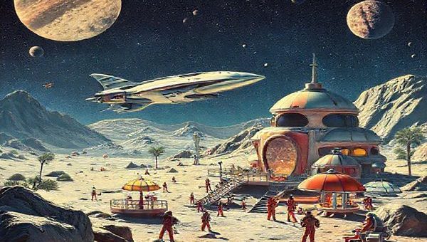 A high definition image depicting a vibrant 1960s-inspired lunar landscape, showcasing a bustling moon colony with sleek, aerodynamic spacecraft landing at a futuristic spaceport. Include colorful domed habitats and astronauts in retro space suits engaging with advanced technology, all set against a starry sky filled with distant planets and cosmic wonders, embodying the spirit of optimism and imagination from that era.