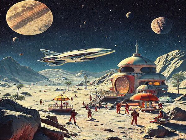 A high definition image depicting a vibrant 1960s-inspired lunar landscape, showcasing a bustling moon colony with sleek, aerodynamic spacecraft landing at a futuristic spaceport. Include colorful domed habitats and astronauts in retro space suits engaging with advanced technology, all set against a starry sky filled with distant planets and cosmic wonders, embodying the spirit of optimism and imagination from that era.