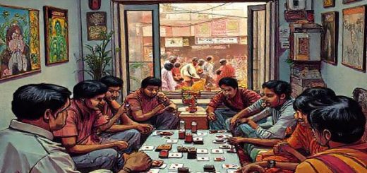 **Image Prompt:** A vibrant 1980s-inspired drawing room in India, filled with people engaged in animated conversations and card games, reflecting the optimism and anxiety of a nation at a crossroads. The walls adorned with retro posters, and a window showing a bustling traditional marketplace outside. Add elements symbolizing economic growth like plants and technology in the background, alongside scenes of disparity. Ensure the image captures the nostalgia of the decade, juxtaposed with hints of modernity. **Create this in high definition.**