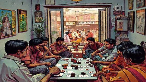 **Image Prompt:** A vibrant 1980s-inspired drawing room in India, filled with people engaged in animated conversations and card games, reflecting the optimism and anxiety of a nation at a crossroads. The walls adorned with retro posters, and a window showing a bustling traditional marketplace outside. Add elements symbolizing economic growth like plants and technology in the background, alongside scenes of disparity. Ensure the image captures the nostalgia of the decade, juxtaposed with hints of modernity. **Create this in high definition.**
