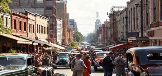 A vibrant 1930s street scene, showcasing the blend of hope and anxiety during the Great Depression. Imagine bustling urban life with people engaging in lively conversation, surrounded by early automobiles, a mix of modest and futuristic architecture, and innovative farming equipment in the background. Capture the contrasts between rural and urban community life, with lush greenery and a subtle whisper of technology, all in high definition.