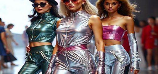 "Create a high definition image capturing the essence of 1950s women's fashion predictions merging with today's styles. Imagine women in futuristic, metallic outfits inspired by space-age silhouettes, juxtaposed with modern athleisure wear. Incorporate elements like bold colors, sleek designs, and innovative materials, blending nostalgia with contemporary aesthetics in a vibrant fashion show setting."